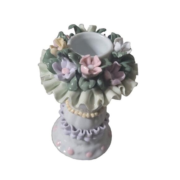 Porcelain Ribbon Candle Holder Capodimonte Flower Italy Pink Shabby Chic - Picture 1 of 10